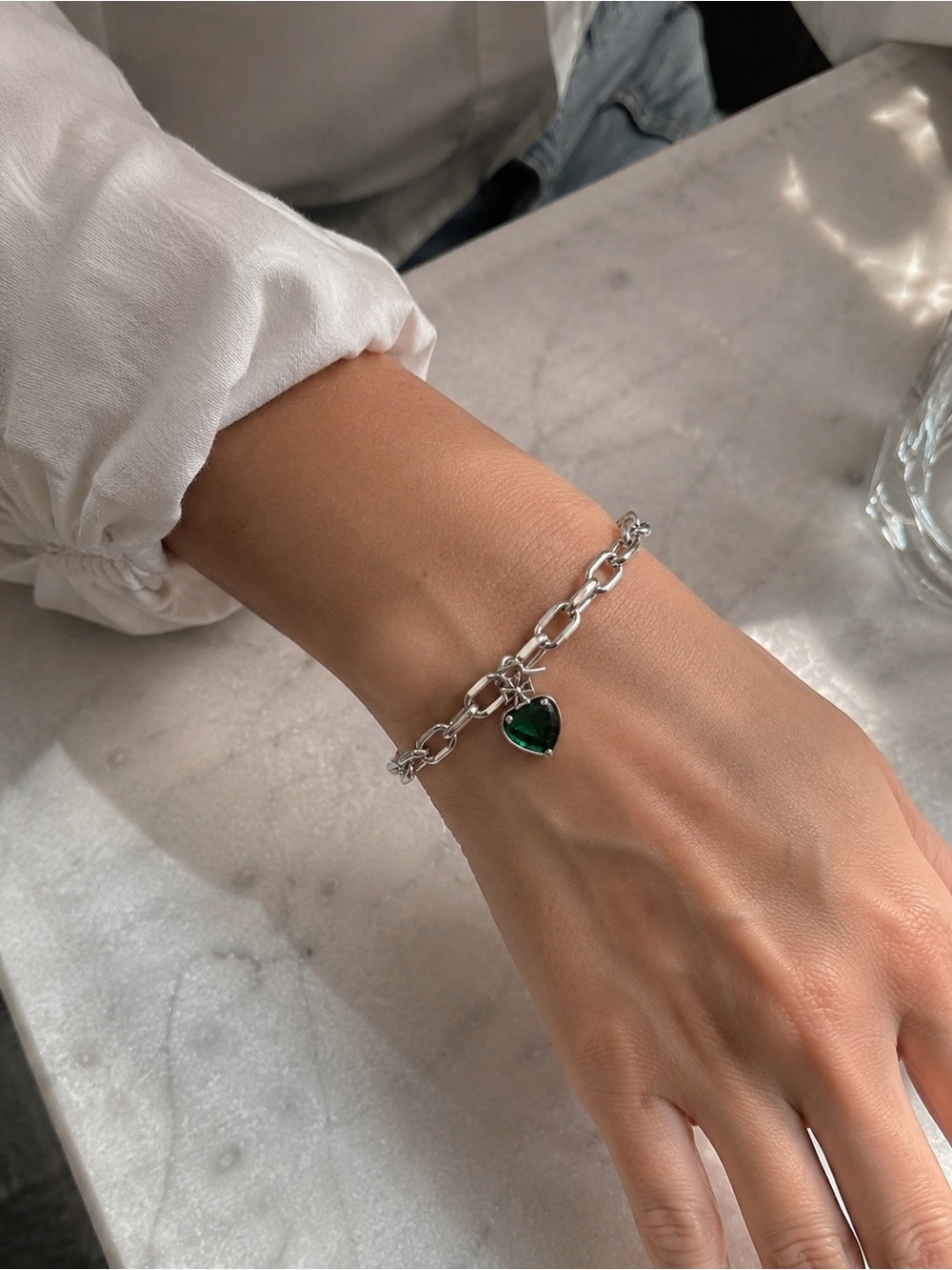 925 Sterling Silver Heart Charm Bracelet for Women, Green Heart Pendant, Vintage